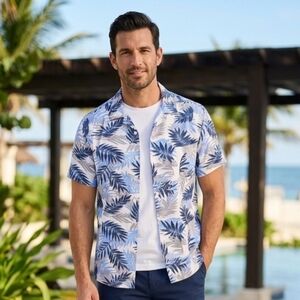 NEWPORT ISLE HAWAIIAN Tropical Leaf Print Men's Short Sleeve Shirt SZ M
